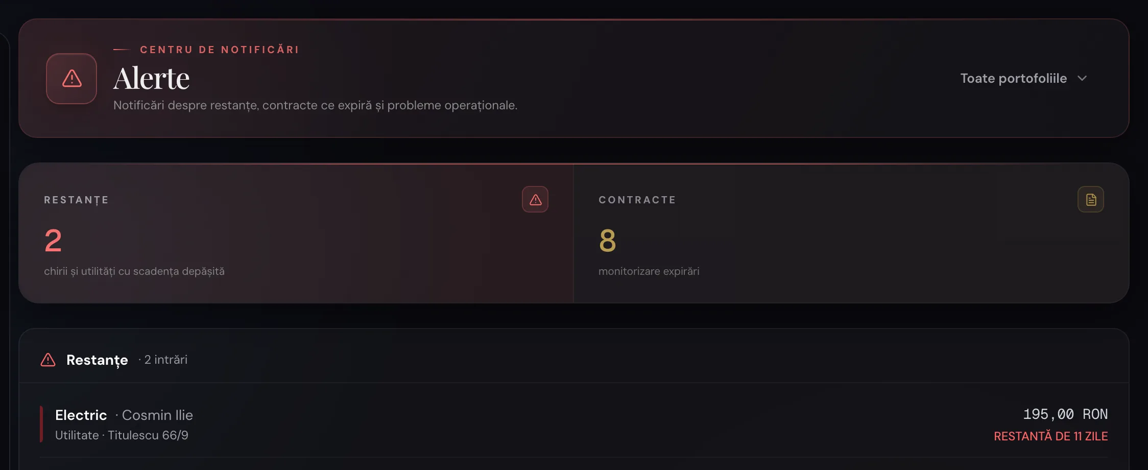 Pagina Alerte, cu monitorizarea contractelor care expiră.