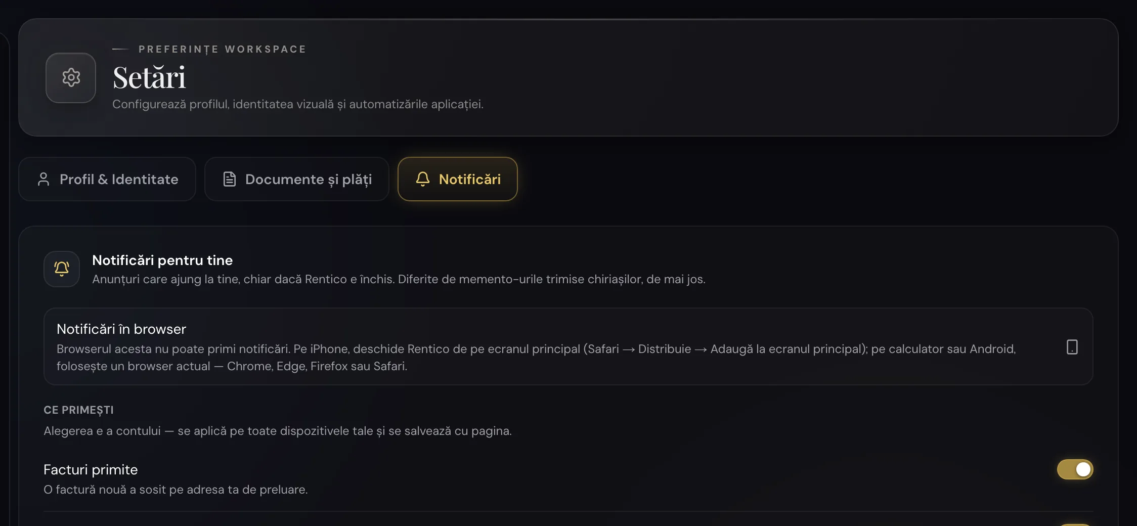 Tabul Notificări din Setări, cu categoriile care pot fi pornite sau oprite.