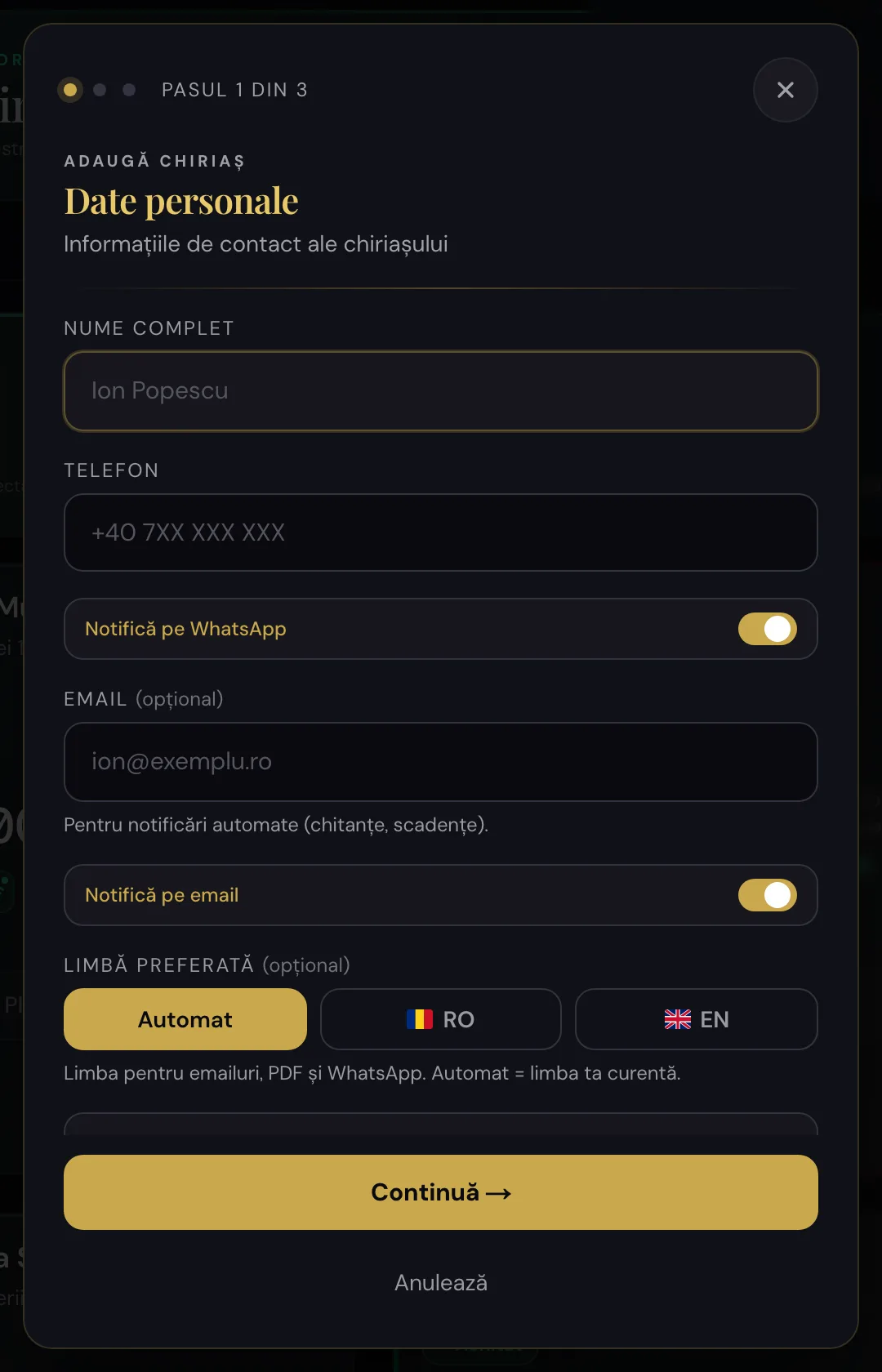 Formularul de chiriaș: proprietatea, datele de contact, chiria și perioada contractului.