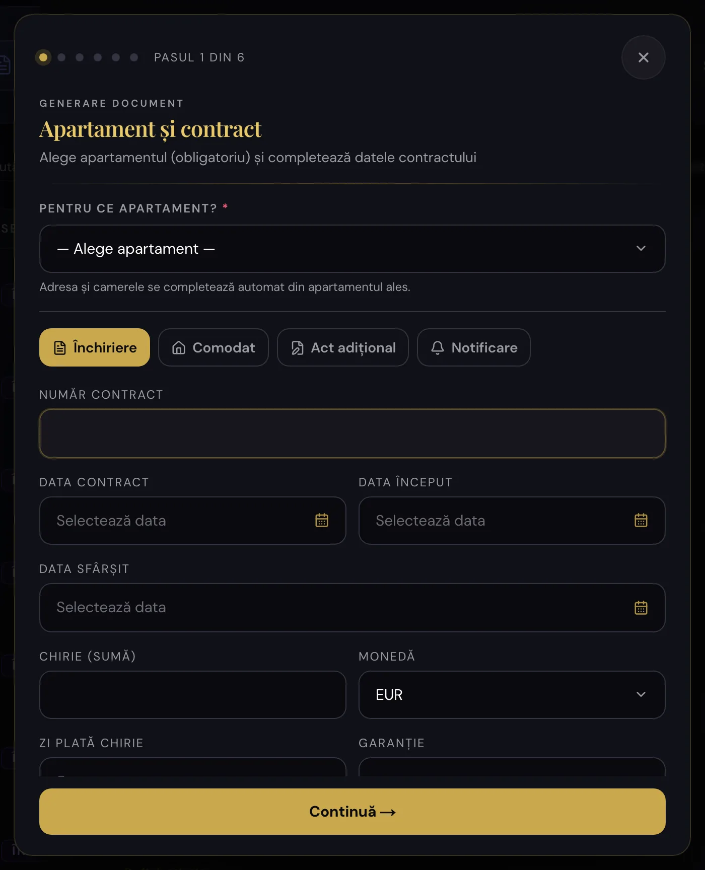 Asistentul de document: proprietatea, chiriașul, datele contractului și clauzele.