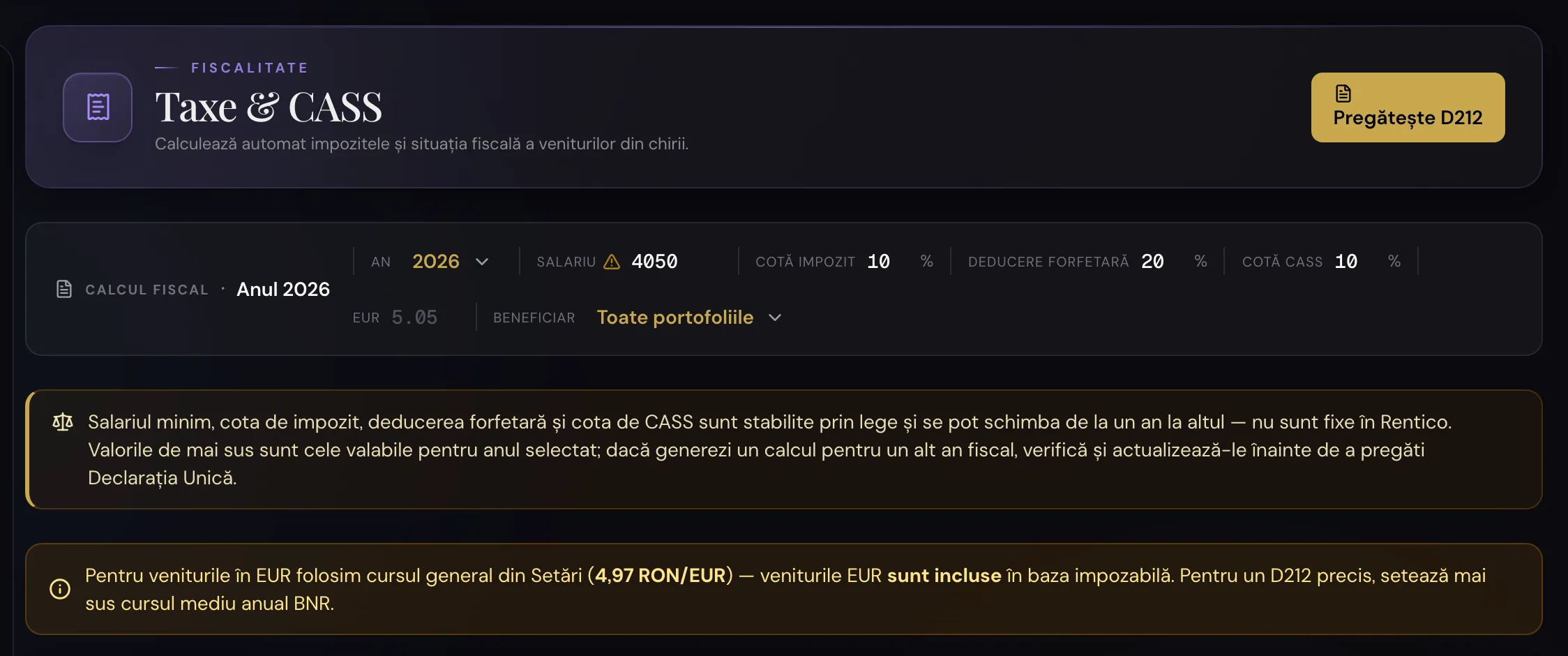 Pagina Taxe & CASS, cu impozitul și contribuția calculate pentru anul selectat.