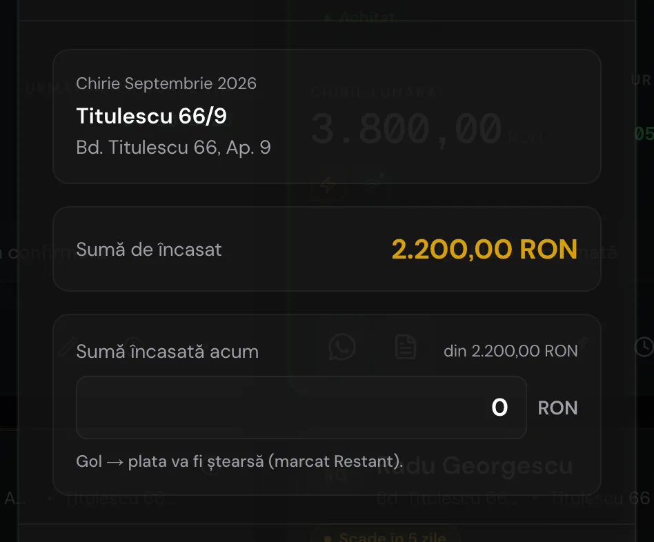 Fereastra de încasare: suma, data și moneda plății, cu opțiunea de plată parțială.
