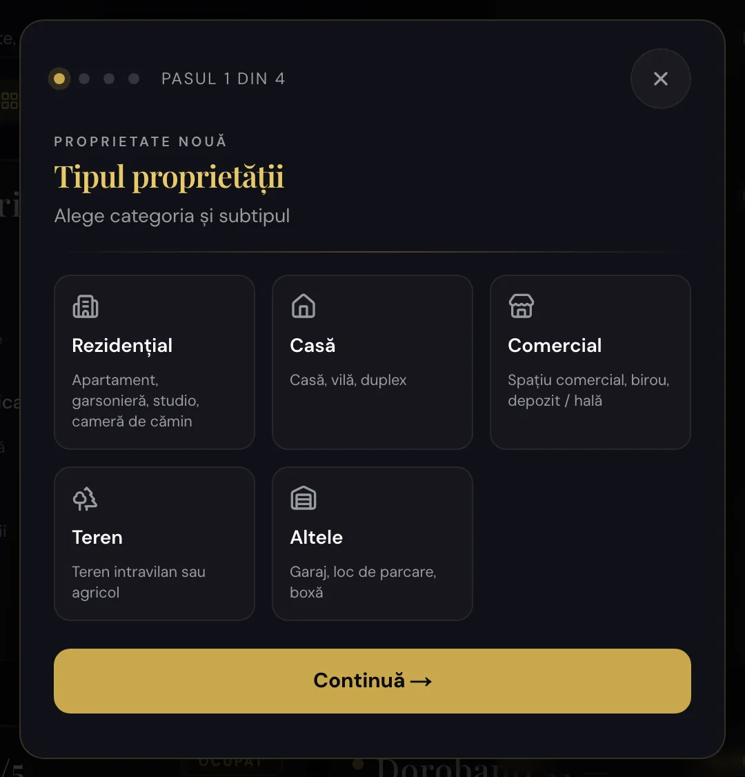 Pasul 1 din 4: alegerea tipului de proprietate — rezidențial, casă, comercial, teren sau altele — și a subtipului.