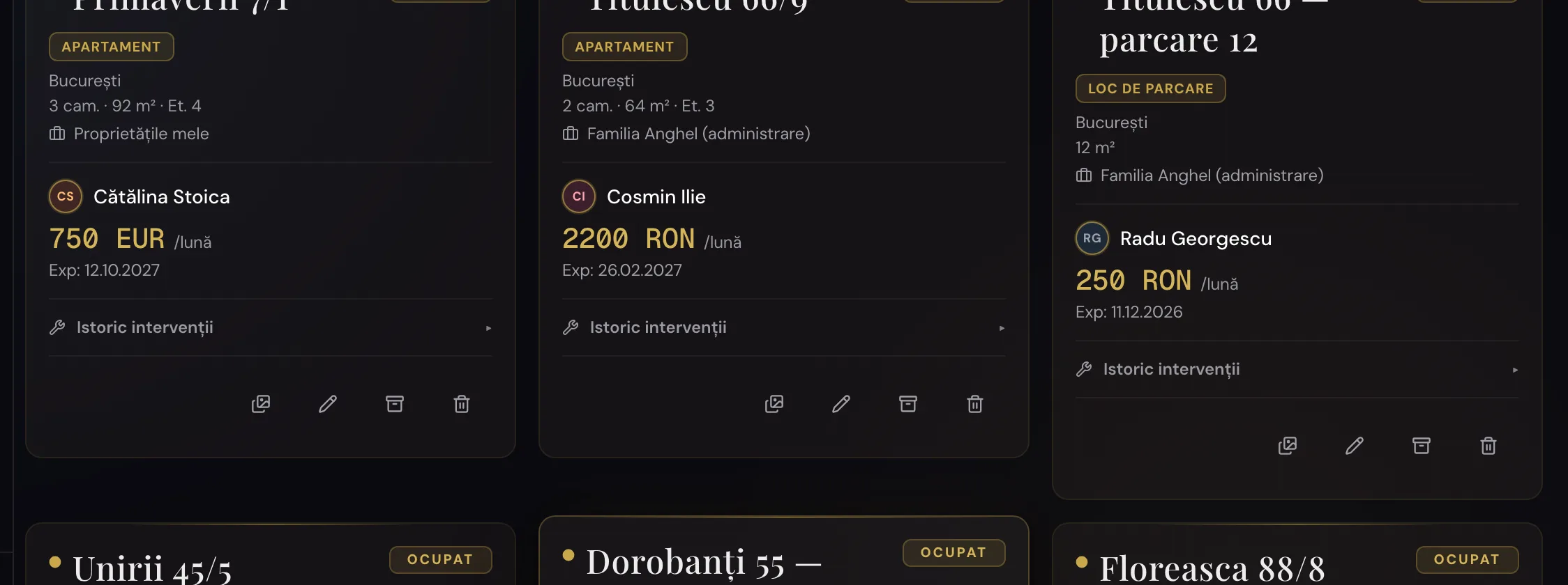 Lista de proprietăți, fiecare card cu starea de ocupare și chiriașul curent.